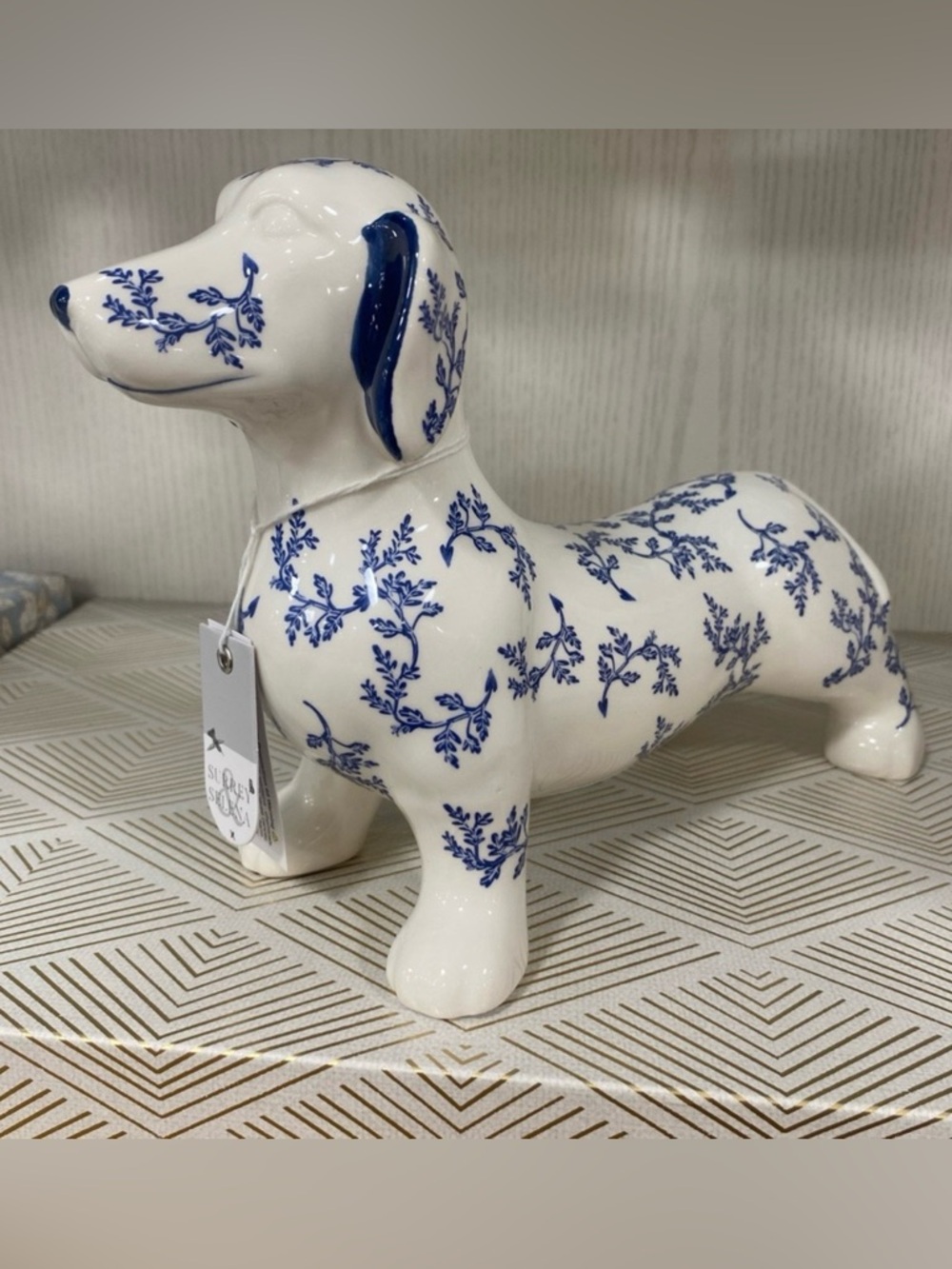 Dachshund Decorative Figurine in Blue and White Floral Ceramic by Surrey Selena